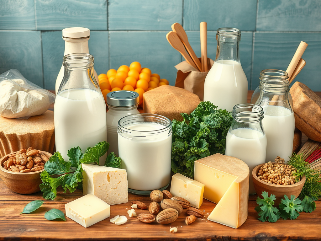Dairy and vegetable products on a table