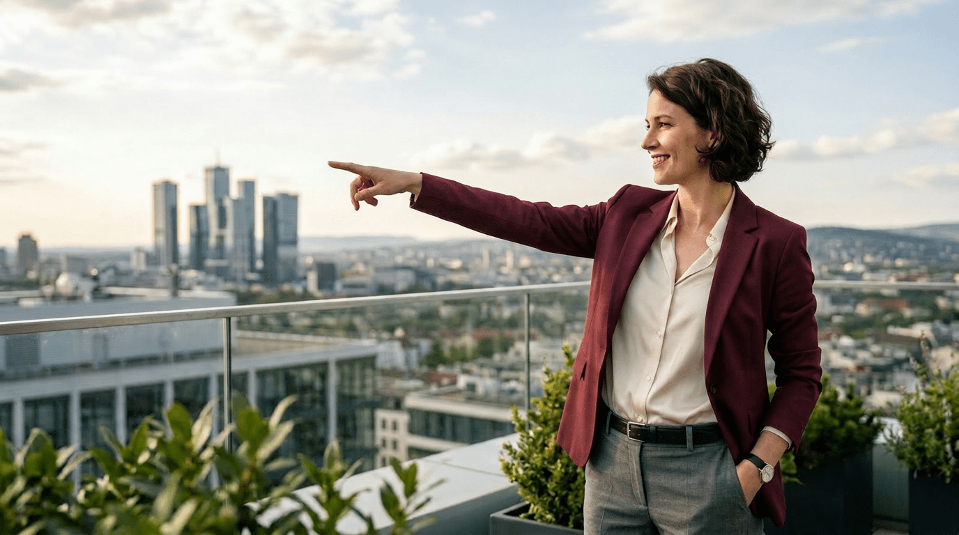 Businesswoman pointing towards city skyline from rooftop terrace
