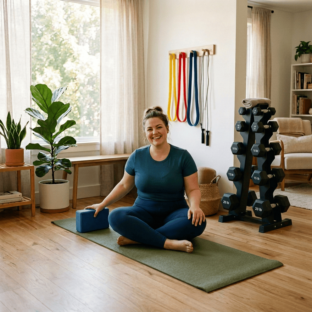 Home workout area with yoga mat, weights, exercise ball, and resistance bands